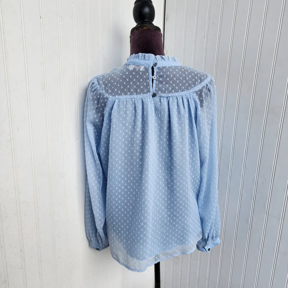 Loft Swiss Dot Ruffle Neck Balloon Sleeve Blouse Light Blue Sheer Boho Keyhole M - Picture 5 of 12